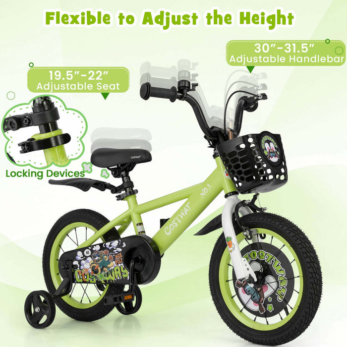Costway 14\" Kid's Bike For 3-5 With Height-adjustable Handlebar & Saddle Handbrake Green