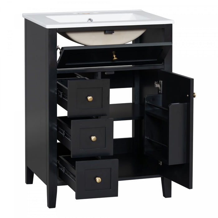 Scott 24\" Bathroom Vanity with Ceramic Sink and Rubberwood Legs, Black