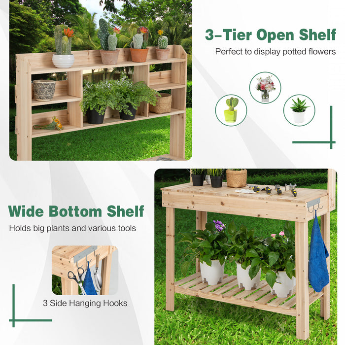 Costway Potting Bench Table Wooden Garden Work Bench Platform With Display Rack Hidden Sink