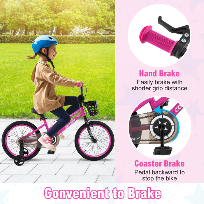 Costway 18\" Kid's Bike With Training Wheels Adjustable Handlebar & Seat Handbrake Pink
