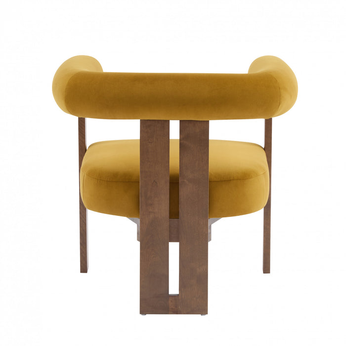 Crest Modern Upholstered Round Arm Accent Chair with Three-Leg Design, Mustard Yellow, Walnut