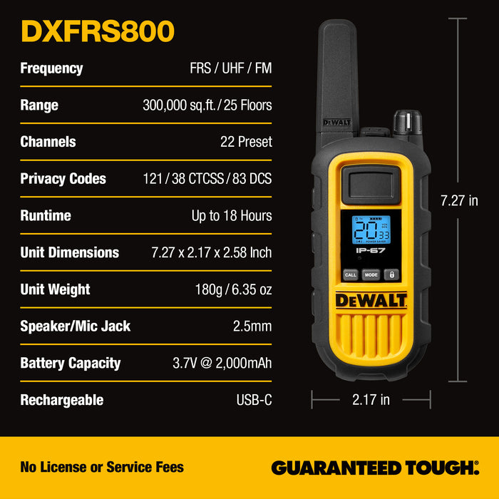 6 Dewalt DXFRS800 Work Site Walkie Talkies Plus Earpieces - 2 Watt, Heavy Duty, Long Range Indoor-Outdoor Two Way Radios + 22 Channel