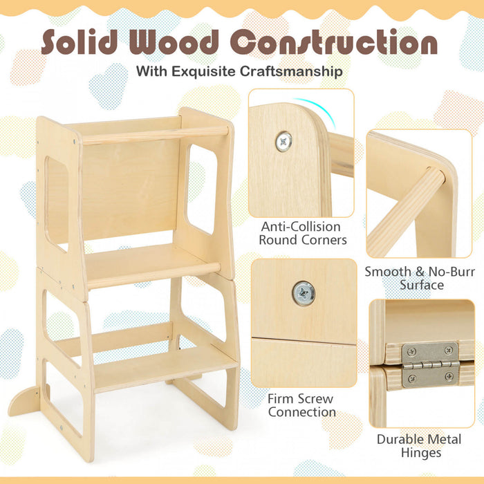 Costway 3-in-1 Foldable Kitchen Standing Tower For Toddlers With Chalkboard Weaning Table Natural