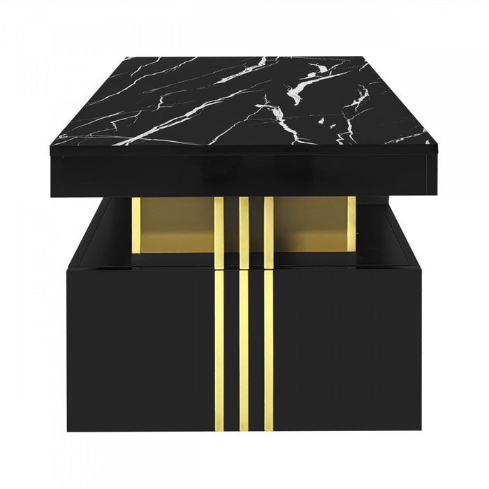 Noah Modern Coffee Table with Marble Pattern Top and Storage Drawers,Black
