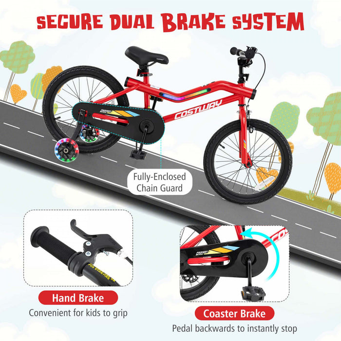Costway 18\" Led Lighted Kids Bike With Adjustable Seat Coaster Brake Training Wheels Red