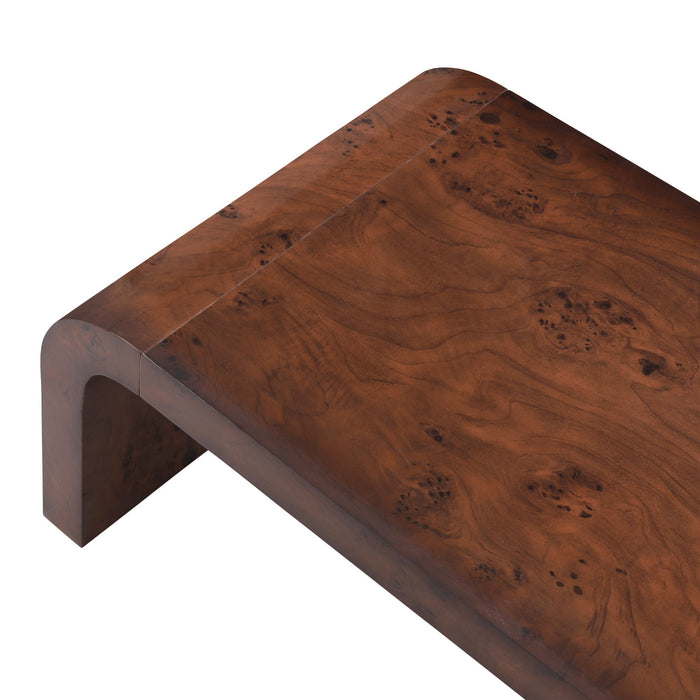 Haven 53.7\" Modern Waterfall Coffee Table Rectangular Burl Veneer Table with Curved Edges, Brown