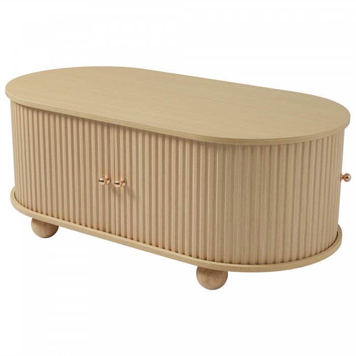 Ethan Oval Coffee Table with Sliding Doors and Hidden Storage,Natural Wood