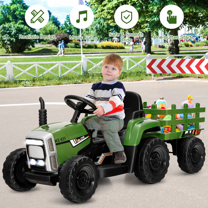 Costway 12v Kids Ride On Tractor With Trailer Ground Loader W/ Rc & Lights Dark Green