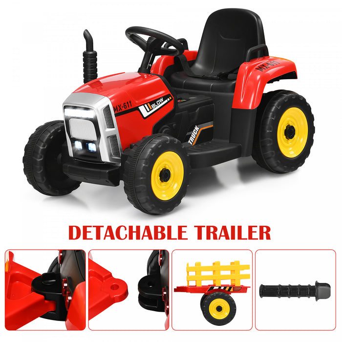 Costway 12v Kids Ride On Tractor With Trailer Ground Loader W/ Rc & Lights Red
