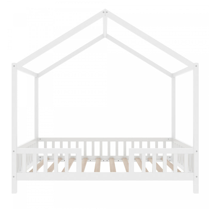Paul Montessori Floor Bed with Canopy and High Railings,Twin Size，White Twin Bed