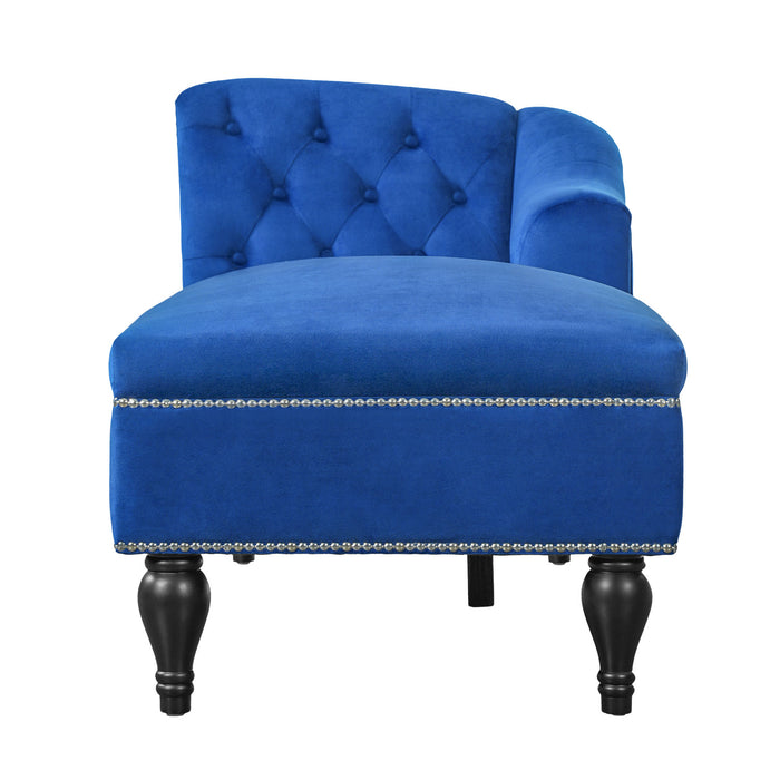 Serena Velvet Chaise Lounge with Button Tufting and Nailhead Trim, Blue