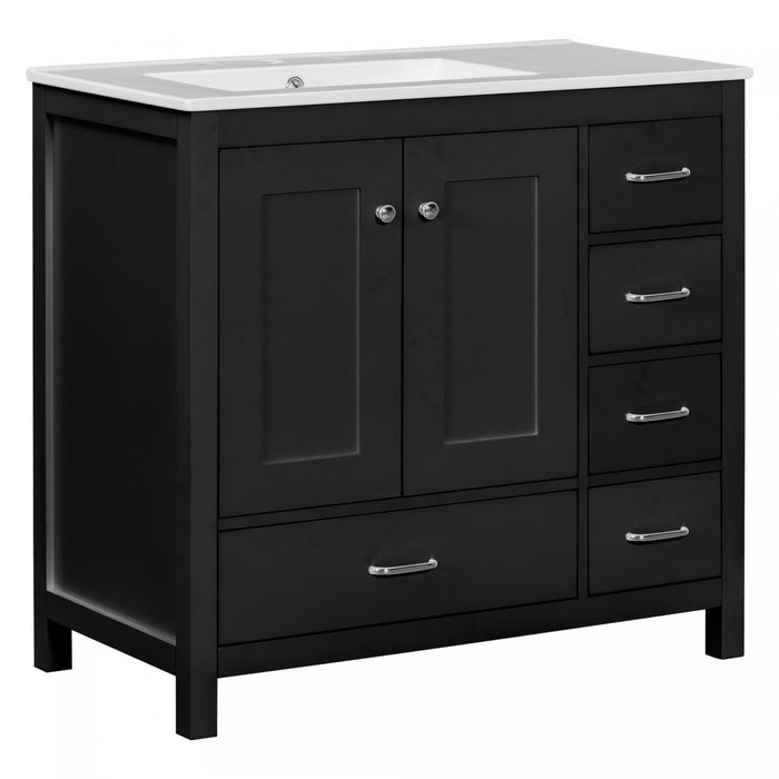 Derek 36 Inch Modern Bathroom Vanity with Ceramic Sink & Multi Storage, Black