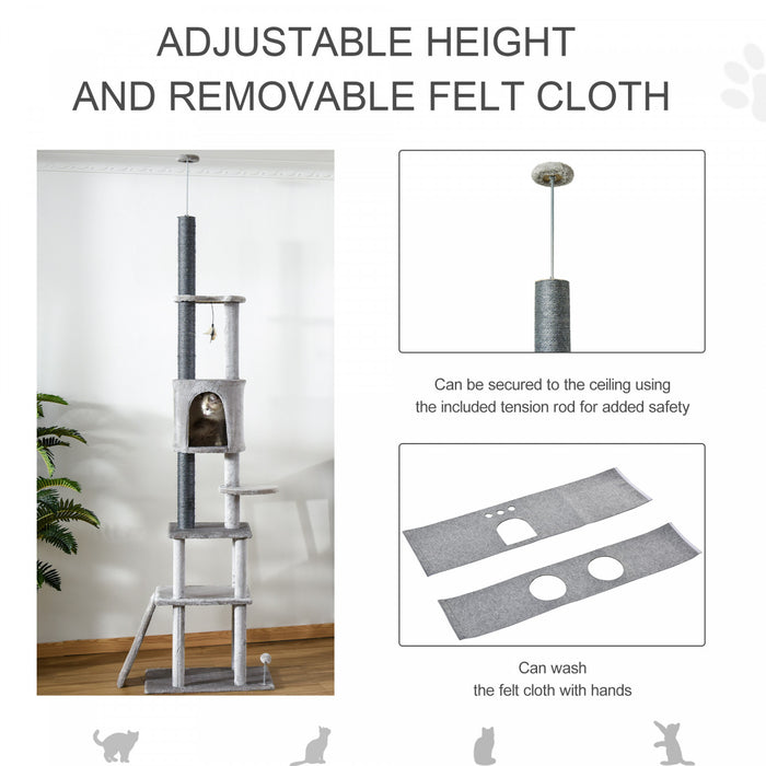 Pawhut 89\"-100\" Floor To Ceiling Cat Tree 6-tier Cat Climbing Tower Adjustable High With Scratching Post Board, Ramp, Cat Condo, Perch, Toy Ball, For Indoor Cat, Light Grey