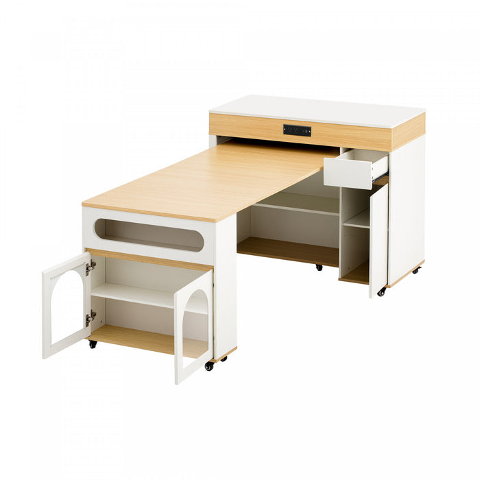 Avery Extendable Dining Table with Rolling Kitchen Island,White