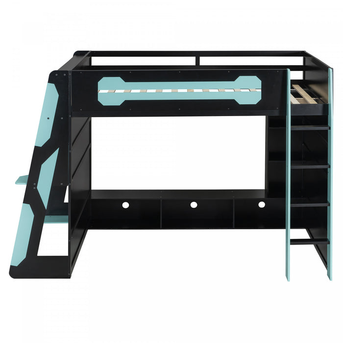 Olivia Wood Loft Bed with Desk and Multi-storage Shelves,RGB Light,Blue Full Bed