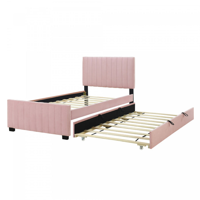 Ethan Space-Saving Velvet Upholstered Platform Bed with Trundle,Twin Size,Pink Twin Bed