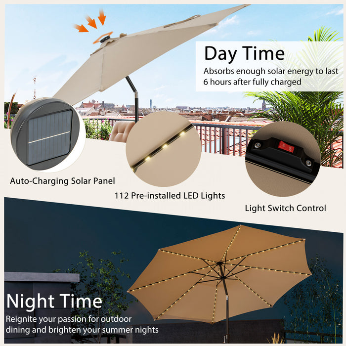 Costway 10 FT 112 LED Solar-Lighted Patio Table Market Umbrella Crank Tilt Outdoor Beige