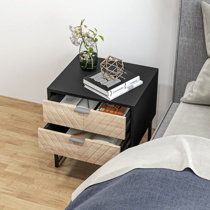 HOMCOM Nightstand with 2 Drawers and Steel Frame, Side Table, Black