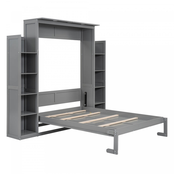 Aiden Murphy Bed with Shelves and LED Lights,Full Size,Grey Full Bed