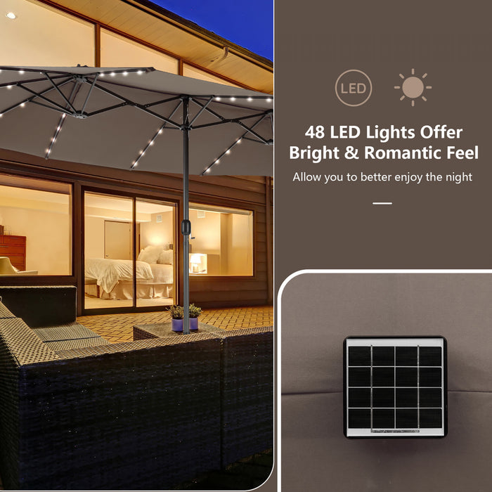 Costway 15FT Twin Patio Double-Sided Umbrella 48 Solar LED Lights Crank Outdoor Coffee