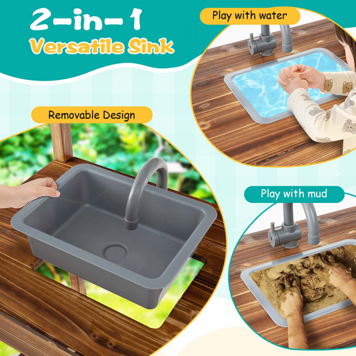 Costway Wooden Mud Kitchen With Chalkboard, Stoves, Removable Sink & Accessories Natural