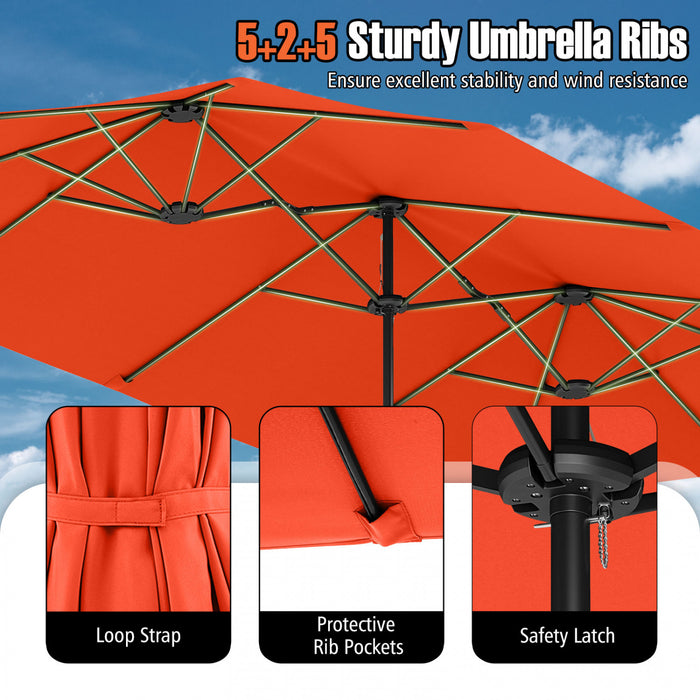 Costway 15.5 FT Extra-Large Patio Umbrella with LED Solar Lights & 12 Heavy-Duty Ribs Orange