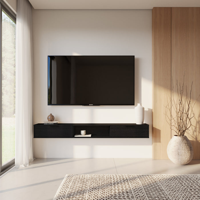 Nordika Slim 72\" Wall-Mounted TV Stand with 2 Storage Cabinets - Black