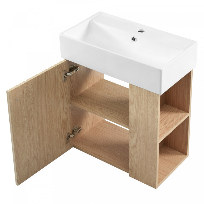 Camille Floating Bathroom Vanity with Ceramic Sink and Right Side Storage, Natural