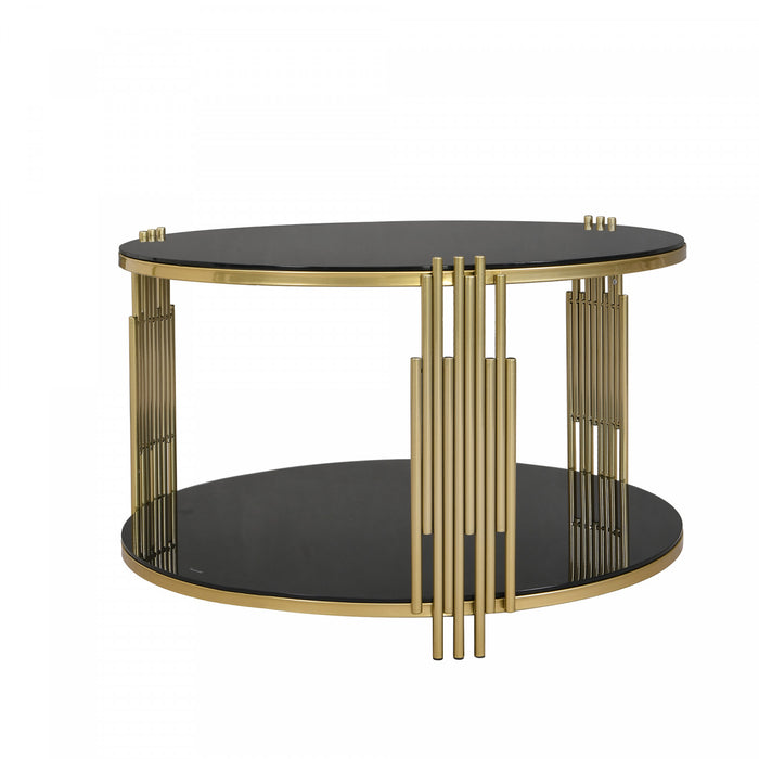 Nancy 31.5\" Round Mirror Coffee Table With Lower Shelf, Black