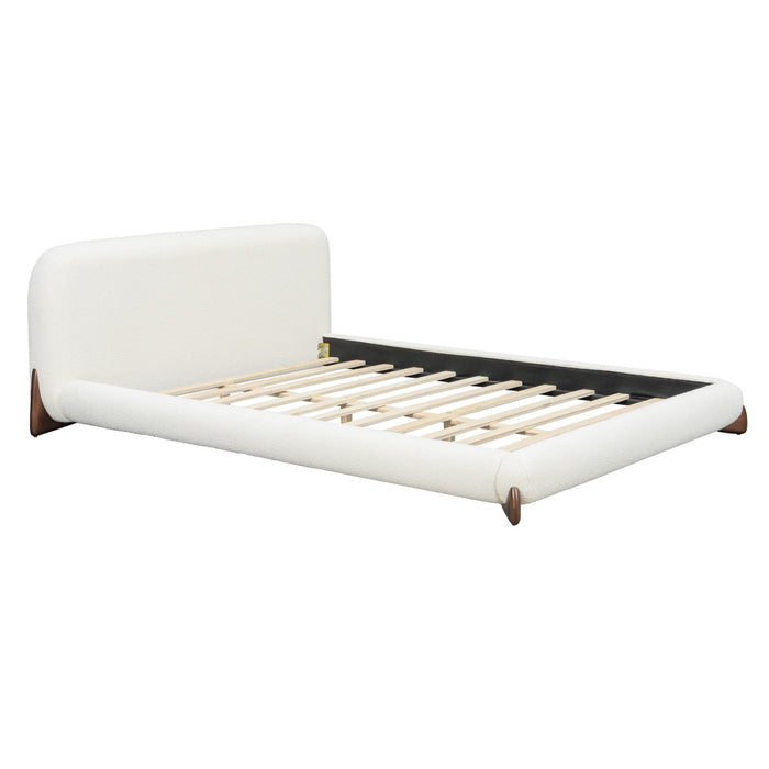 Emma Low Profile Platform Bed Frame with Curved Headboard and Boucle Upholstery, Queen Size,Cream White Queen Bed