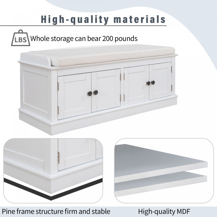 Daniel Solid Wood Storage Bench With 4-door Shoe Cabinet With Adjustable Shelves - White