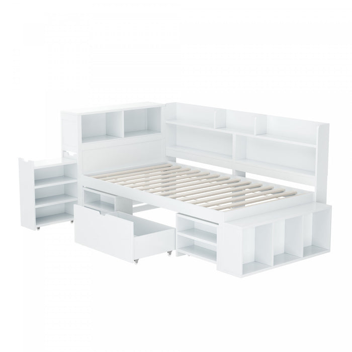 Ethan Multifunctional Daybed with Integrated Storage with Drawers and Bookcase,Twin Size,White Twin Bed