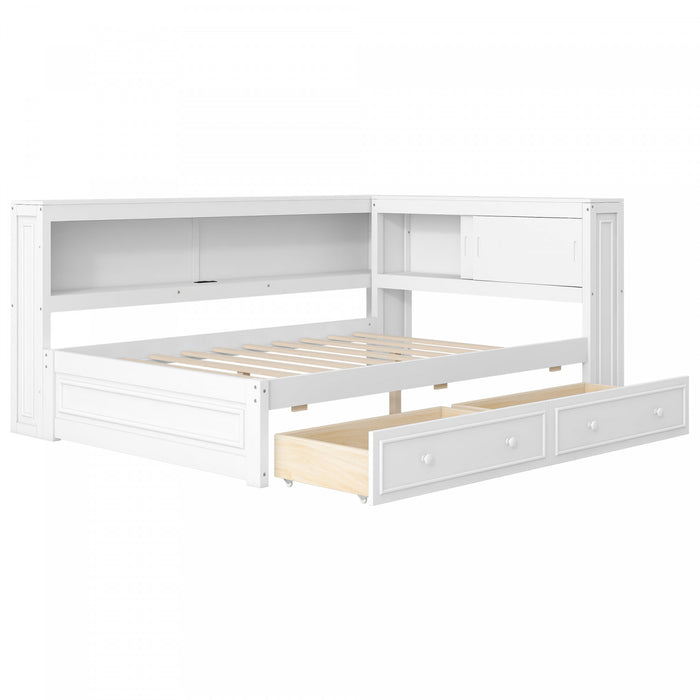 Arthur Full Size Wood Daybed with LED Light, USB Port and 2 Storage Drawers, White