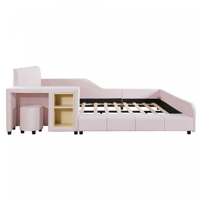 Lily Velvet Upholstered Grounded Bed with Desk and Stool,Full Size,Pink Full Bed