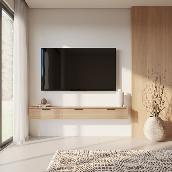 Nordika Slim 72\" Wall-Mounted TV Stand with 3 Storage Cabinets - Natural Blonde Oak