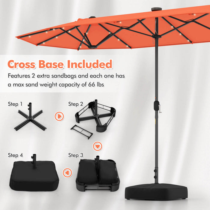 Costway 13 FT Double-sided Patio Umbrella with Solar Lights Crank Handle Umbrella Base Orange