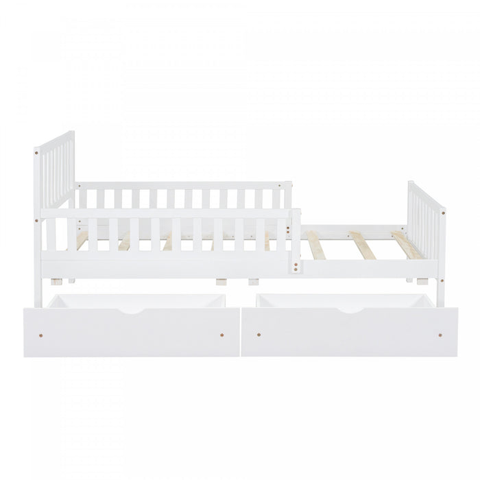 Emma Wood Platform Bed with Guardrails and Storage Drawers,Twin Size - White
