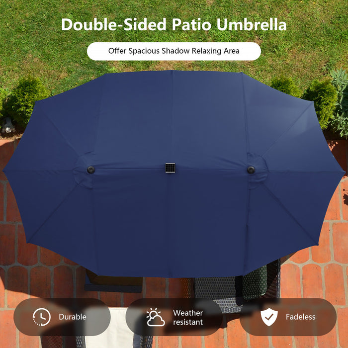 Costway 15FT Twin Patio Double-Sided Umbrella 48 Solar LED Lights Crank Outdoor Navy