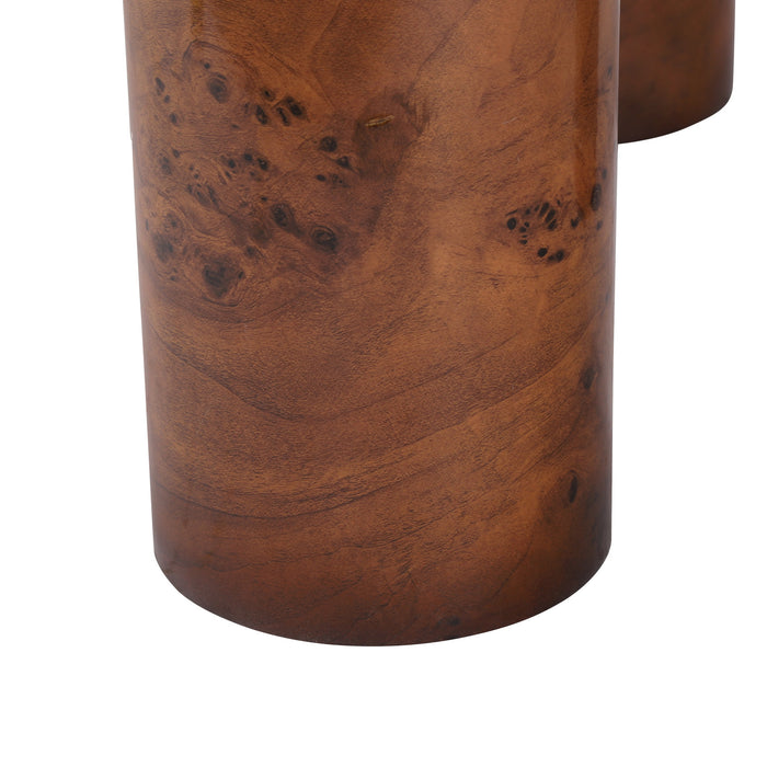 Lira 31.5 Inch Modern Round Burl Veneer Coffee Table with Three Cylindrical Legs, Brown