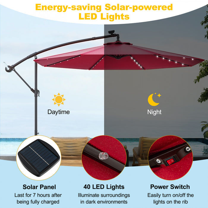 Costway 10 Ft Patio Solar LED Offset Umbrella 40 Lights Crank Cross Base Wine