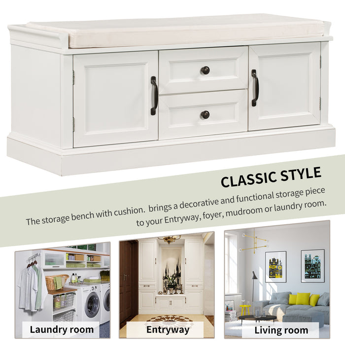 Boyce Solid Wood Storage Bench With 4-door Shoe Cabinet With Cushion - White