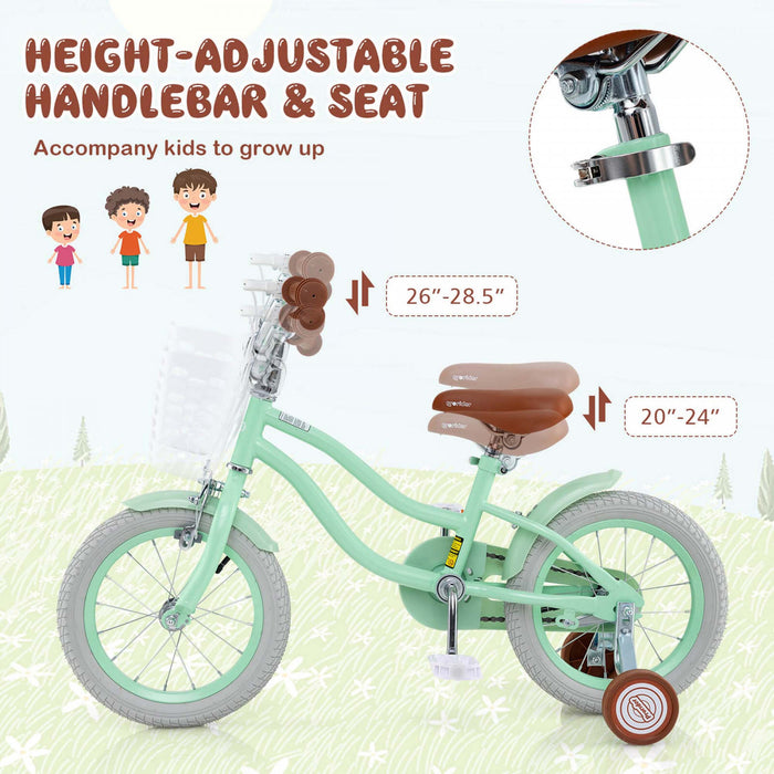 Prorider 14\" Kid's Bike With Removable Training Wheels & Basket For 3-5 Years Old Green