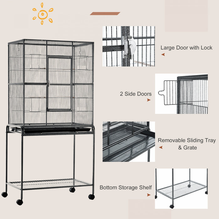 Pawhut 64\" Large Bird Cage, Rolling Metal Parrot Cage, Bird House With Detachable Rolling Stand, Storage Shelf, Wood Perch, Food Container