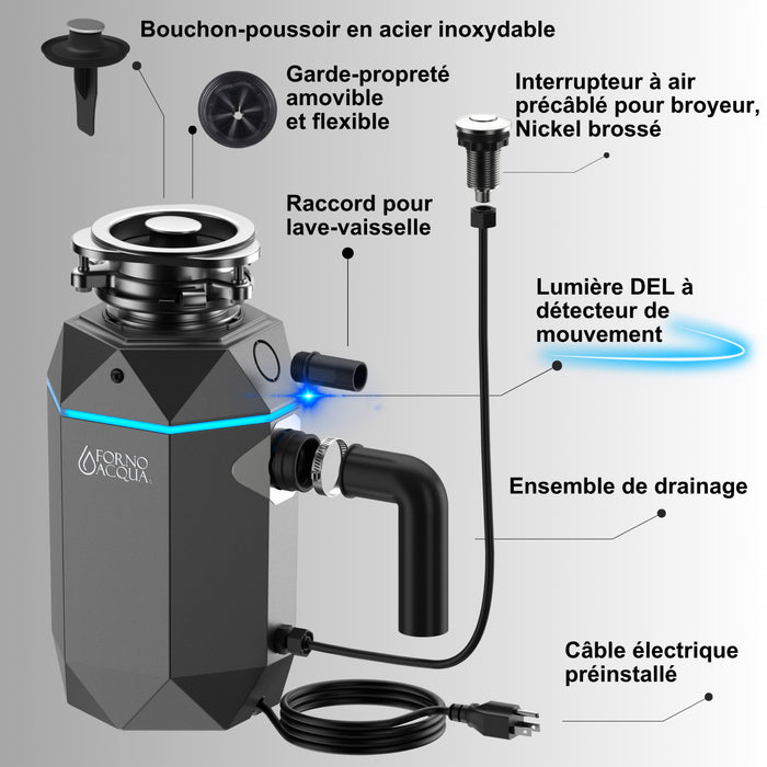 BrightDIAMOND 3/4HP Quietest Waste Disposer, LED Cabinet Light, Corded & Air Switch, Black Onxy - WDD075TA1BO Food Disposer