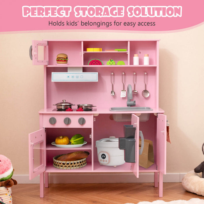 Costway Kids Kitchen Playset Wooden Pretend Play Chef Toy With Microwave & Accessories Pink