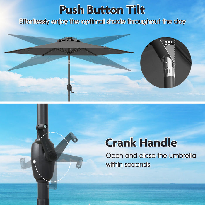 Costway 7.5 ft Solar Powered Patio Umbrella with LED Lights Push Button Tilt Crank Handle Gray