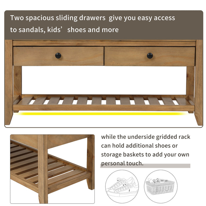 Stephanie Pine Wood Shoe Rack Bench With Cushioned Seat With Storage Drawers - Old Pine