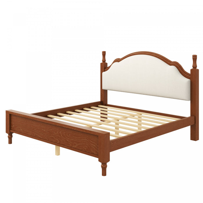 Miles Queen Size Wood Platform Bed with Curved Upholstered Headboard, Brown