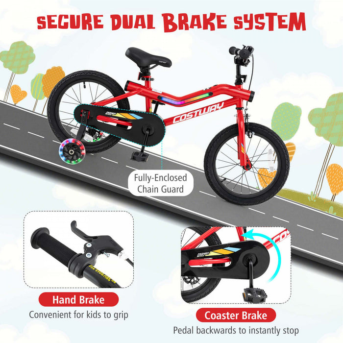 Costway 16\" Led Lighted Kids Bike With Adjustable Seat Coaster Brake Training Wheels Red