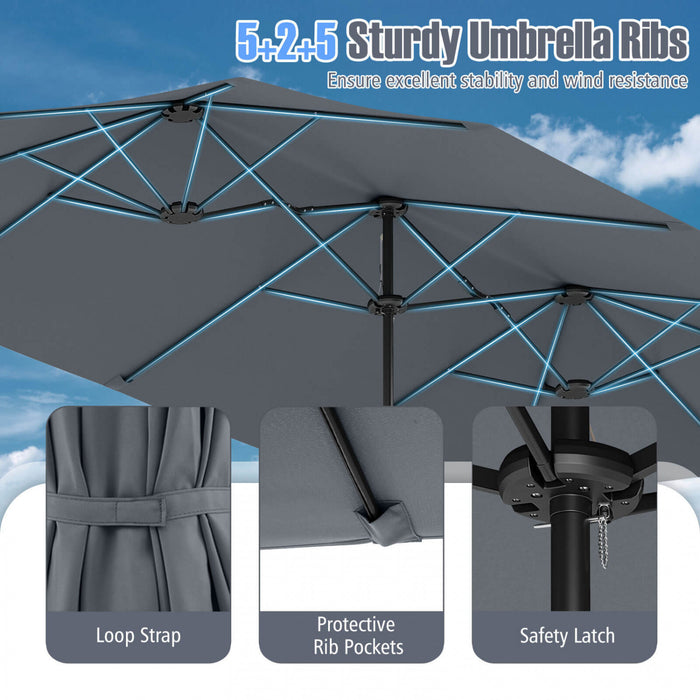 Costway 15.5 FT Extra-Large Patio Umbrella with LED Solar Lights & 12 Heavy-Duty Ribs Gray